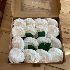 16 never used ivory peonies with stems and greenery